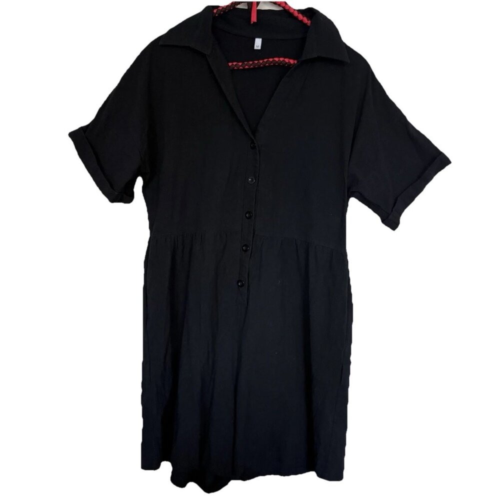 Women Shortall Button Up Linen Rayon Romper Shorts Size M Pockets Wide Leg Black
